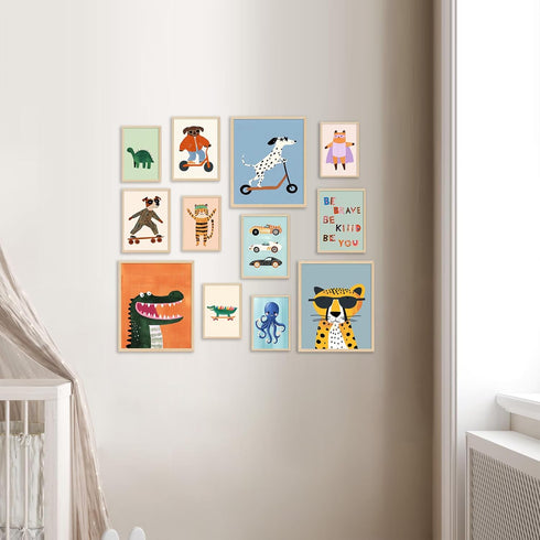 Aroutde 12Pcs Baby Nursery Room Decor, Cartoon Animal Playroom Canvas Wall Art Kids Transport Inspirational Quotes