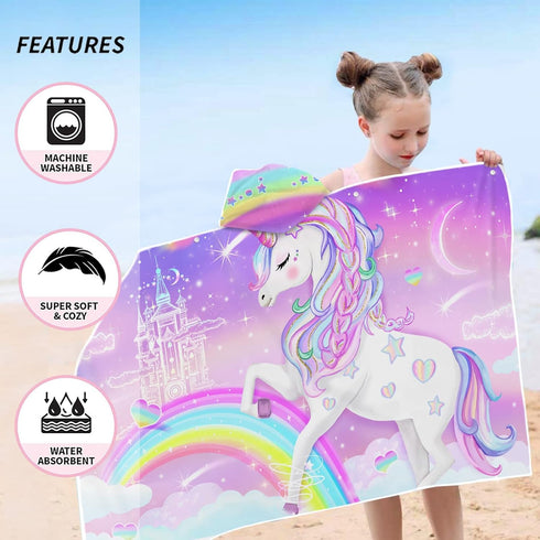 30" 50", Bonsai Tree Unicorn Beach Towel, Unicorn Towel for Girls with Hood, Rainbow Unicorn Hooded Towel for Kids x