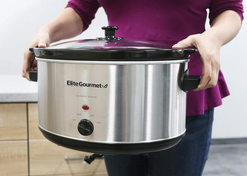 Elite Gourmet Stainless Steel Slow Cooker, 8.5 Quart, Dishwasher-Safe with Tempered Glass Lid