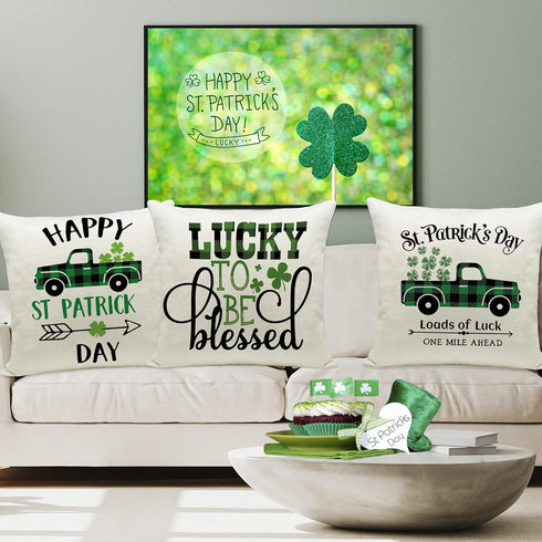 Ueerdand St Patrick's Day Pillow Covers, Set of 4 Shamrock Decorations, Green Clover Buffalo Plaid Cushion Covers