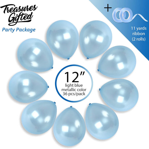 12 Inch 36 Treasures Gifted Metallic Light Blue Balloons - Baby Blue Balloons, Pastel Blue Balloons - Pastel Latex