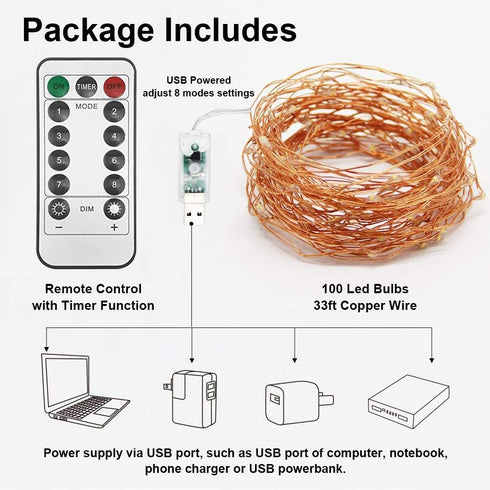 33ft 100LED 8 Twinkle Star Copper Wire String Lights Fairy String Lights Modes USB Powered with Remote Control