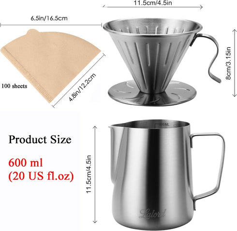 304 100 600ml Lalord Pour Over Coffee Maker, Stainless Steel wIth pcs Paper Filters & Milk Frothing Pitcher, for Home