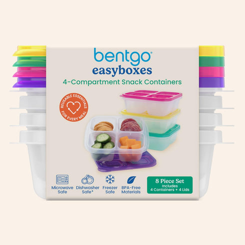 Bentgo Easyboxes 8-Piece Set - 4-Compartment Snack Containers with 4 Trays & 4 Lids, BPA-Free (Brights)