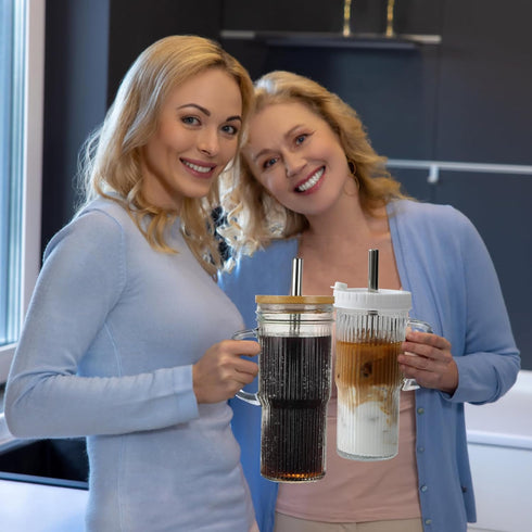 24oz Handle,4Pack Ribbed Glass Tumbler With Glass Cup with Lids and Straws,Reusable Glass Iced Coffee Cups