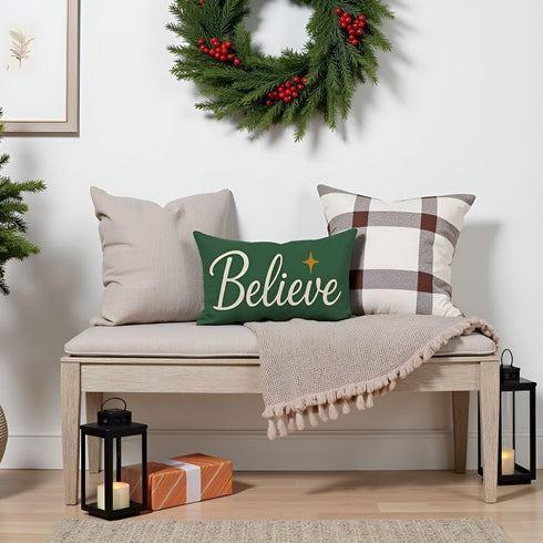 12x20 Inch, Christmas Throw Pillow Cover Forest Green Believe Christmas Decor, Outdoor Xmas Winter Holiday Lumbar