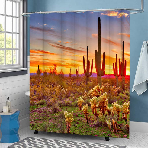 LUKUY Saguaro Shower Curtain, Arizona Desert Landscape with Cactus Mountain Sunset, Cloth Fabric Bathroom Decor Set