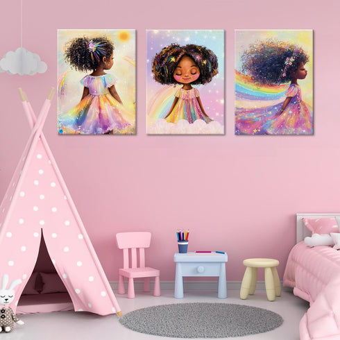 ouiytws Set Prints,Framed12 16inches X3piece Black Girl Princess Wall Art, Rainbow Hair Girl Painting,Cute Afro Girls