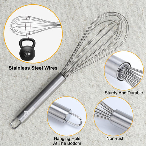 HOTEC 4 Pieces Stainless Steel Whisks Set - Wire Whisk, Balloon Whisk, Egg Beater Kitchen Utensils for Stirring