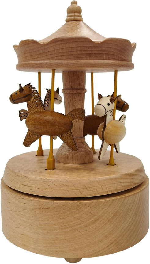 Briskfeel Wooden Carousel Music Box with Moving & Elevating Horses, Rotating Wind-Up Decor, Collectible Mechanical