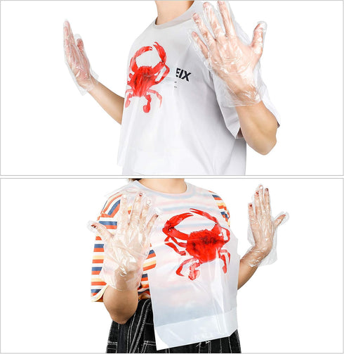 50pcs 50 Patelai Crab Lobster Bibs and Pairs of Plastic Disposable Gloves Disposable Adult Crab Feast Bibs