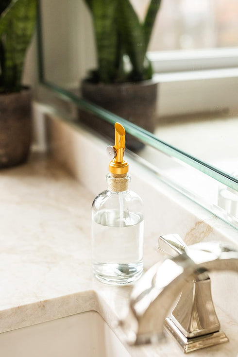 Rail19 Small Clear Glass Mouthwash Dispenser with Metal Pour Spout, 8oz, Perfect for Bathroom, Kitchen, and Tabletop