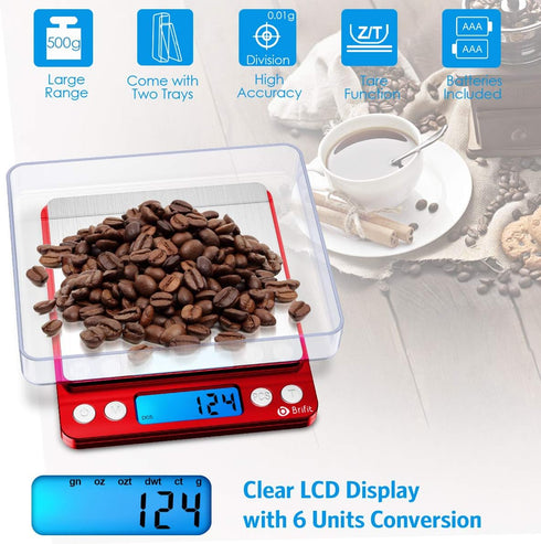 AMIR Upgraded Digital Kitchen Scale, 500g Mini Pocket Jewelry Scale with Back-Lit LCD Display, 2 Trays, Stainless Steel