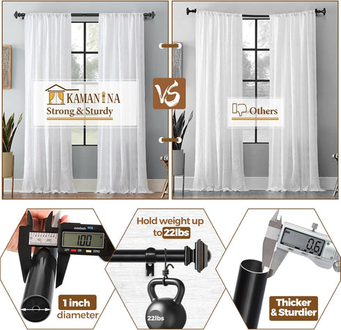 KAMANINA 1 Inch Curtain Rod, 32 to 58 Inches, Black Single Drapery Rods with Square Finials