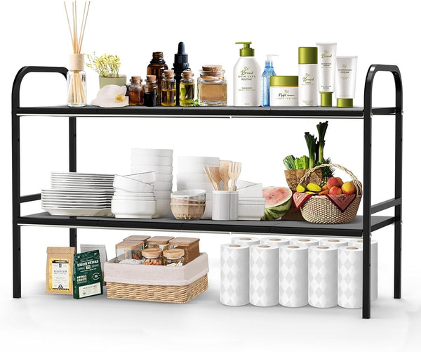 Expandable 2-Tier Under Sink Organizer, 8 Removable Plastic Boards, Tool-Free Installation (Black,