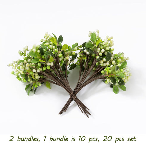 20 Pack 9.8 inch SHACOS Artificial White Berry Stems PCS Fake Berries Branches Spray with Green Leaves Small Berry