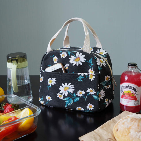 EurCross Women's Lunch Bags for Work, Chic Floral Daisy Pattern Canvas Insulated Black Lunch Tote Bag Carrier