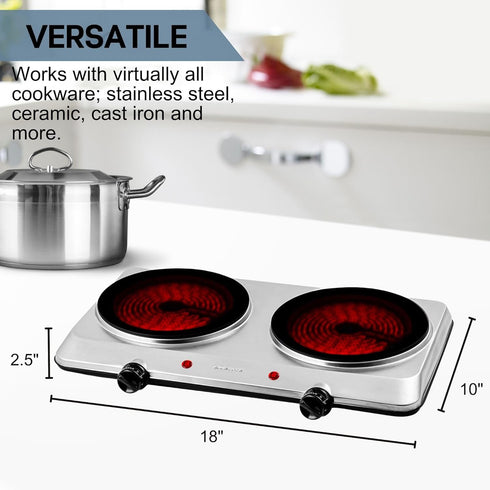 OVENTE 1500W Countertop Infrared Double Burner, Silver Electric Hot Plate with 7.5” Ceramic Glass Cooktop