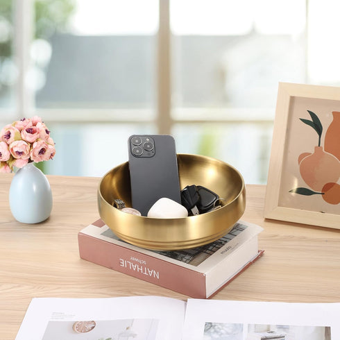 GUSHBIN 8.3" Counter Golden Key Bowl for Entryway Decorative Key Holder Round Fruit Dish Stainless Steel Catch All Bowl