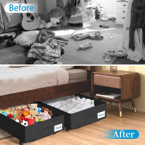 Under Bed Storage with Wheels & Lid, 2PCS Container for Blankets, Clothes, and Shoe Storage, Rolling Organizer Bin,