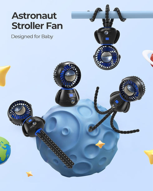 Koonie Astronaut Portable Stroller Fan, Baby-Safe Clip-on with Detachable Flexible Tripod, Rechargeable Battery-Operated, 3-Speeds, 270° Rotation - Ideal for Car Seats, Cribs, Treadmills, Travel