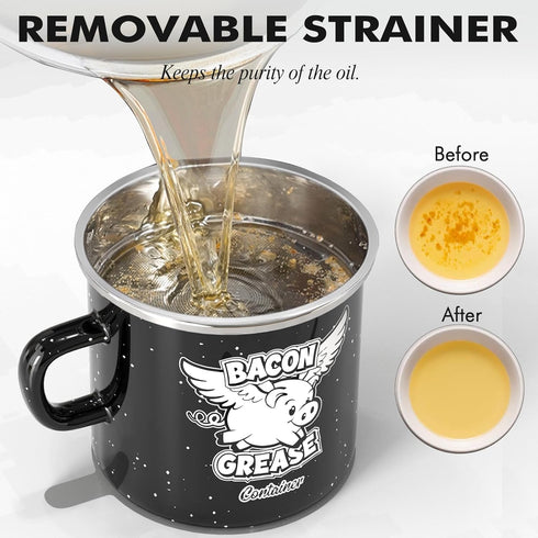 15OZ 15OZ) PGYARD Mini Bacon Grease Container With Strainer - Farmhouse Enamel Grease Saver (Black