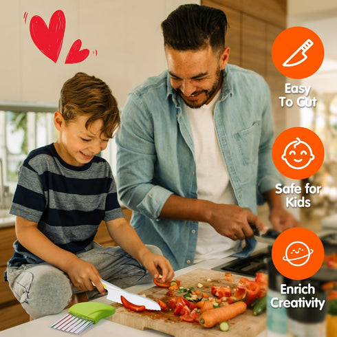 Kids Safe Knife Set for Toddlers, Real Cooking Tools with Gloves, Cutting Board & Crinkle Cutters