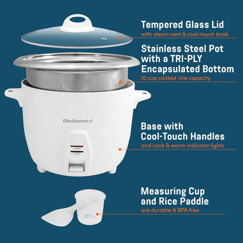 ERC-2010 10 Elite Gourmet Electric Rice Cooker with Stainless Steel Inner Pot Makes Soups, Stews, Grains, Cereals, Keep