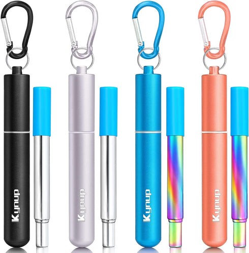Kynup Reusable Straws, 4 Pack Collapsible Metal Straw, Foldable Stainless Steel Drinking Straw with Case