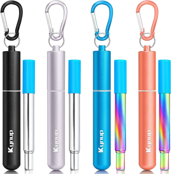 Kynup Reusable Straws, 4 Pack Collapsible Metal Straw, Foldable Stainless Steel Drinking Straw with Case