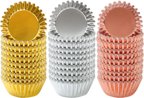 Elcoho 600 Pieces Mini Foil Metallic Cupcake Liners - 1.25 Inch Baking Cups, Gold, Silver, and Rose Gold