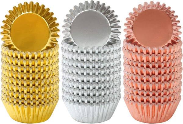 Elcoho 600 Pieces Mini Foil Metallic Cupcake Liners - 1.25 Inch Baking Cups, Gold, Silver, and Rose Gold