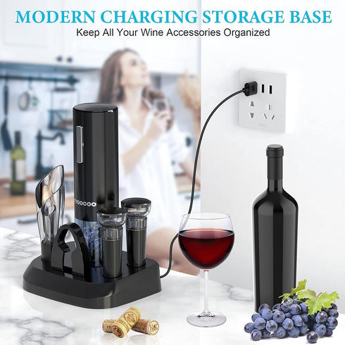 Moocoo Electric Wine Opener with Charging Base, Cordless Bottle Opener with 2-in-1 Aerator & Pourer, Easy Storage