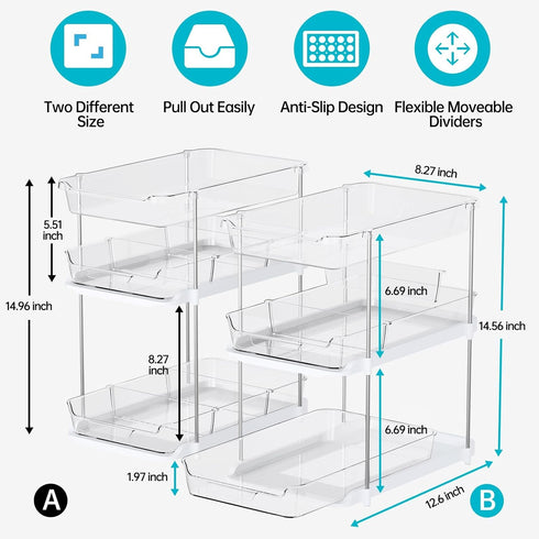 Delamu 2 Sets of 3-Tier Bathroom Under Sink Organizers, Stackable Pantry Storage, Clear Kitchen Cabinet Organizer