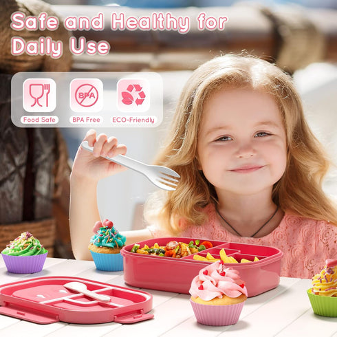 Bento Box, 44oz 4 Compartment Lunch Container with Cutlery for Kid/Adult/Toddler, Leak Proof, BPA Free (Pink)