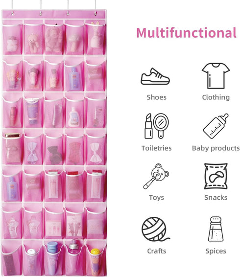 35 35 4 (Pink-1Pack) SAVERHO Pockets Over the Door Shoe Organizer, Hanging Shoe Organizer for Door with Mesh Pockets