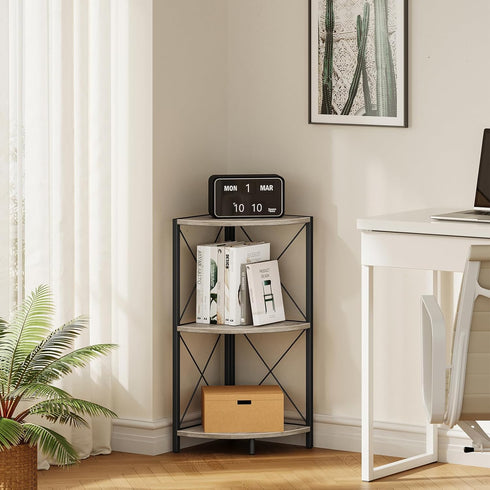 Snughome 3-Tier Corner Shelf for Desktop, Grey Freestanding Corner Storage Organizer with Metal Frame Display Rack