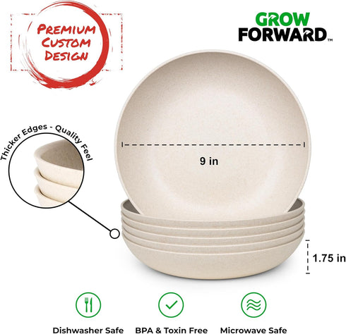 Grow Forward Premium Wheat Straw Pasta Bowls, 42oz Unbreakable Wide & Shallow Dinner Plate Bowls Set of 6