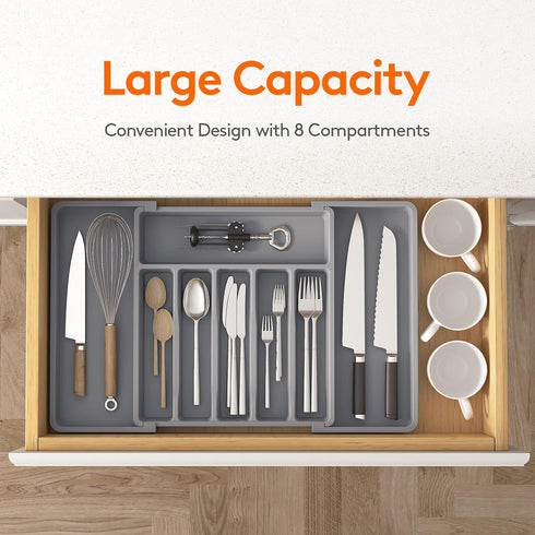 Lifewit Silverware Drawer Organizer, Expandable Utensil Tray for Kitchen, BPA Free Flatware and Cutlery Holder, Adjustable Plastic Storage for Spoons Forks Knives, Large, Grey by Lifewit