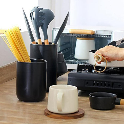 Ceramic Kitchen Utensil Holder for Countertop - Matte White, Space Saving Compact Rack for Cooking Utensils (#1)