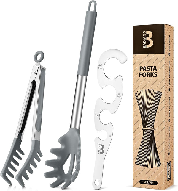 Silicone Spaghetti Spoon & Pasta Tong With Pasta Measurer, 3 Pack of