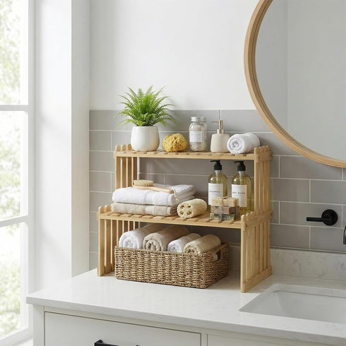 2 2 MyGift Natural Bamboo Indoor Plant Stand for Desk, Tier Desktop Shelf Organizer Rack with Slatted Shelves