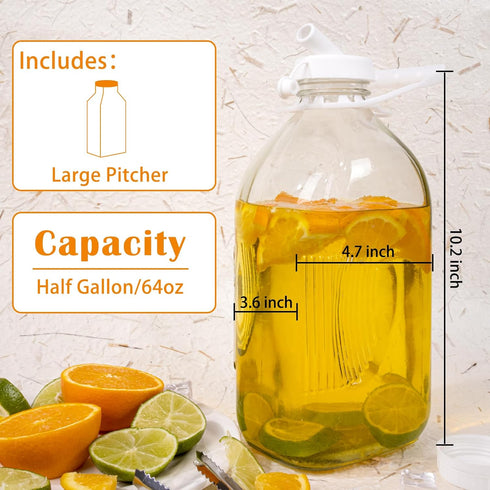 LOSANJI 64 Oz 1/2 1 Pack Glass Milk Bottles with Nut Milk Bag & Pour Spout & Airtight Lids & Brush- Gallon Heavy Duty