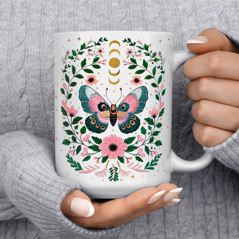Mystical Butterfly Coffee Mug, Floral Celestial Nature Botanical Moon Stars Gift Cup for Mom Friend