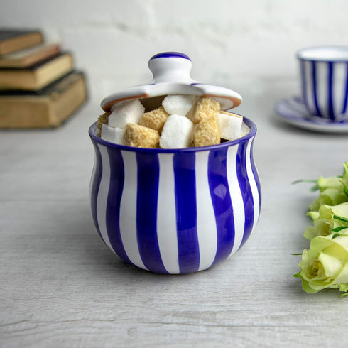 City to Cottage Ceramic Sugar Bowl with Lid, 10oz Sugar Container for Coffee Bar, Handcrafted Blue Stripe Coastal Sugar
