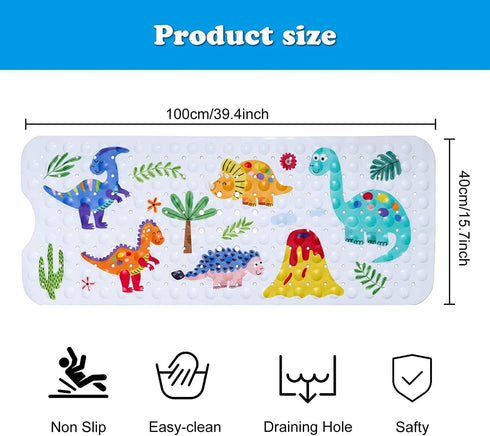 GDV Baby Bath Mat for Tub for Kids, 40 X 16 Inch Extra Large Bathtub Kid Mat Non Slip, Cartoon Kids Bath Mat, with Suction Cups & Drain Holes, Machine Washable Bathroom Mats (Dinosaur)