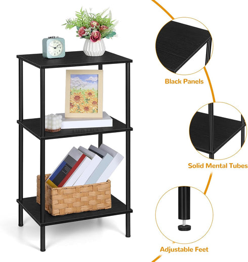 3 Tall Side Table with Storage Tier Black End Table Metal Storage Shelves for Living Room Bedroom Bathroom Small Slim