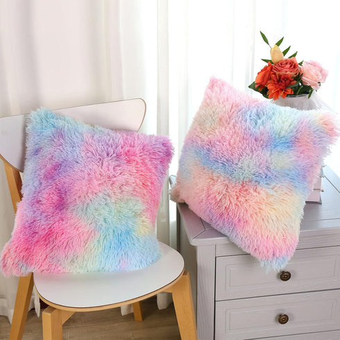 Dongchen Soft Faux Fur Throw Pillow Covers, Pack of 2 Peach Blush Plush Decorative Tie Dye Pink Cushion Cases