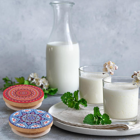12 12 Jars(2.64 Inches) Uiifan Pcs Yogurt Jar Lids Reusable Bamboo Wooden Mandala Pattern Lids Compatible with Oui