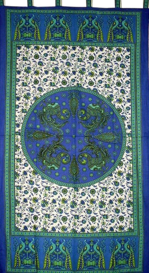 India Arts Peacocks Tab Top Curtain Drape Panel, Cotton, 44" x 88" Blue